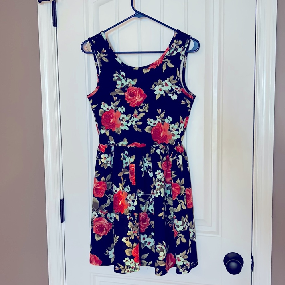 Navy blue flower dress with bow accent on back